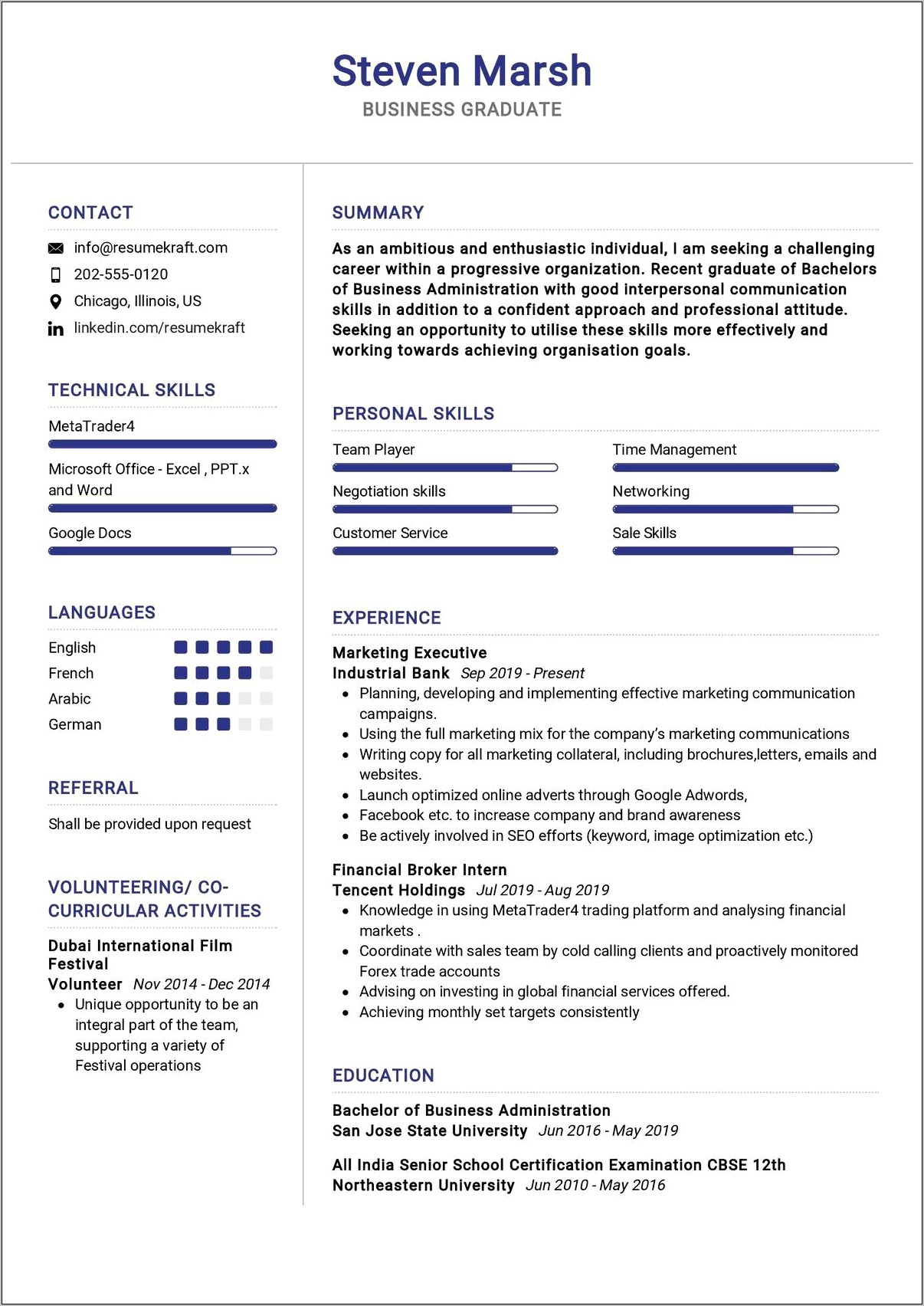 College Graduate Resume Experience Sample