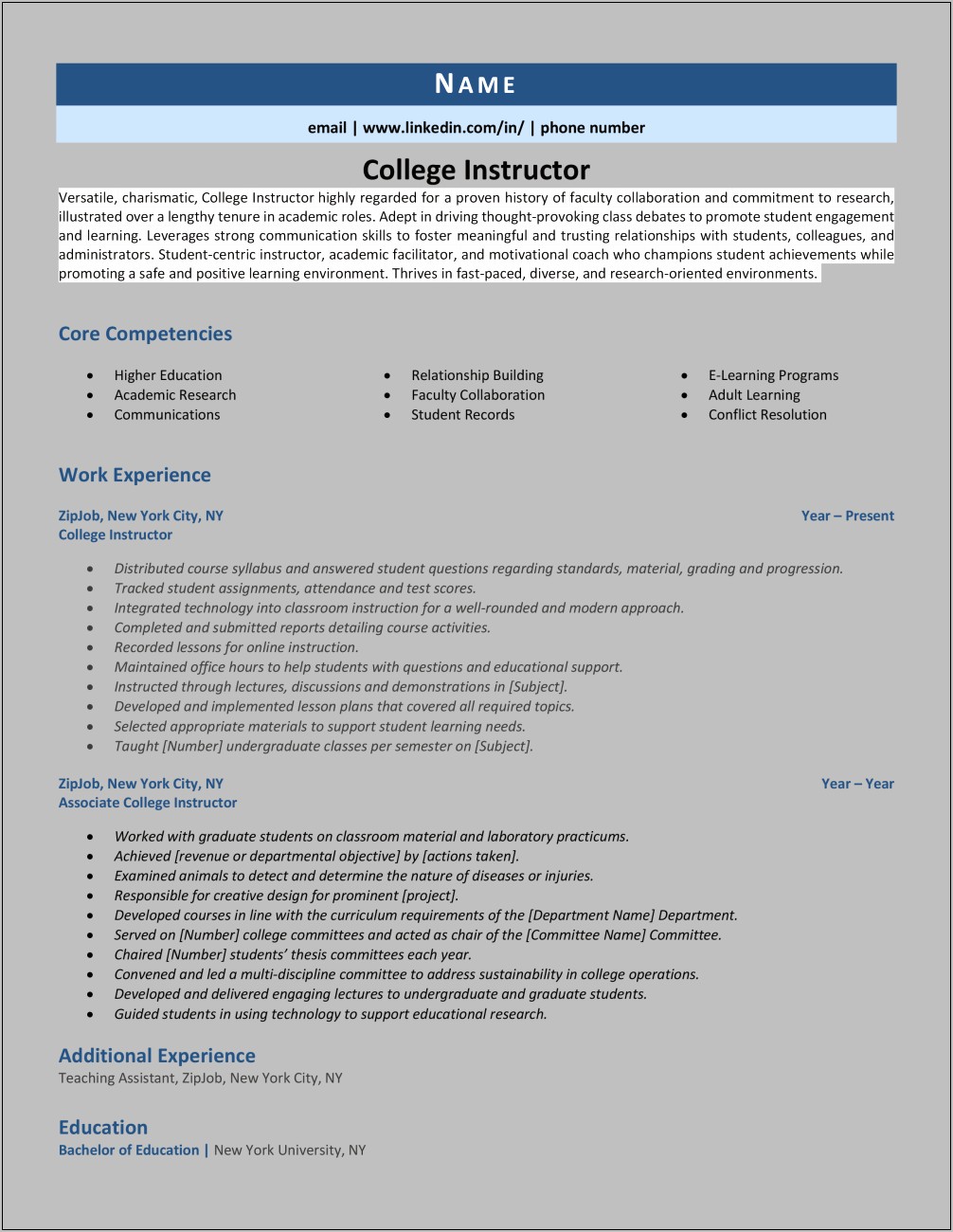 College Instructor Skills On Resume