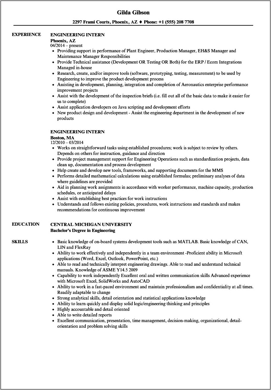 College Intern Resume Sample Engineer