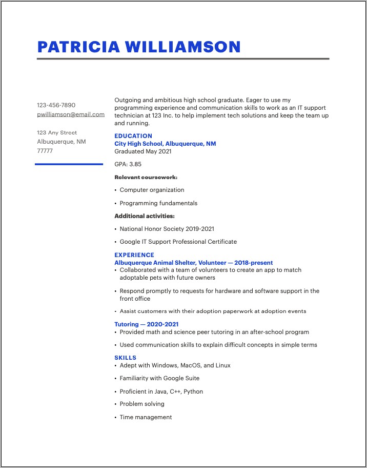 College Resume High School Job