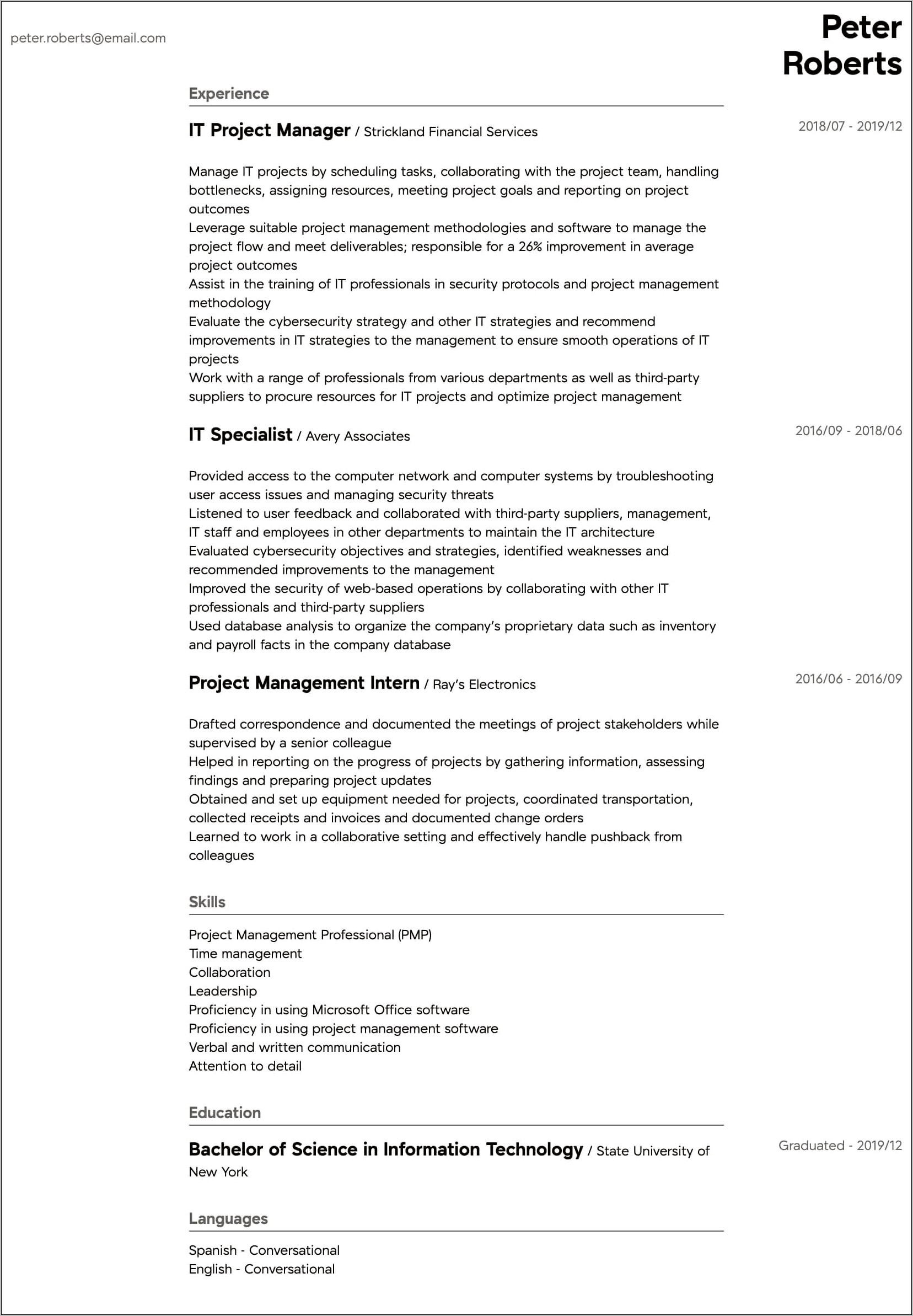 College Resume Information Technology Example