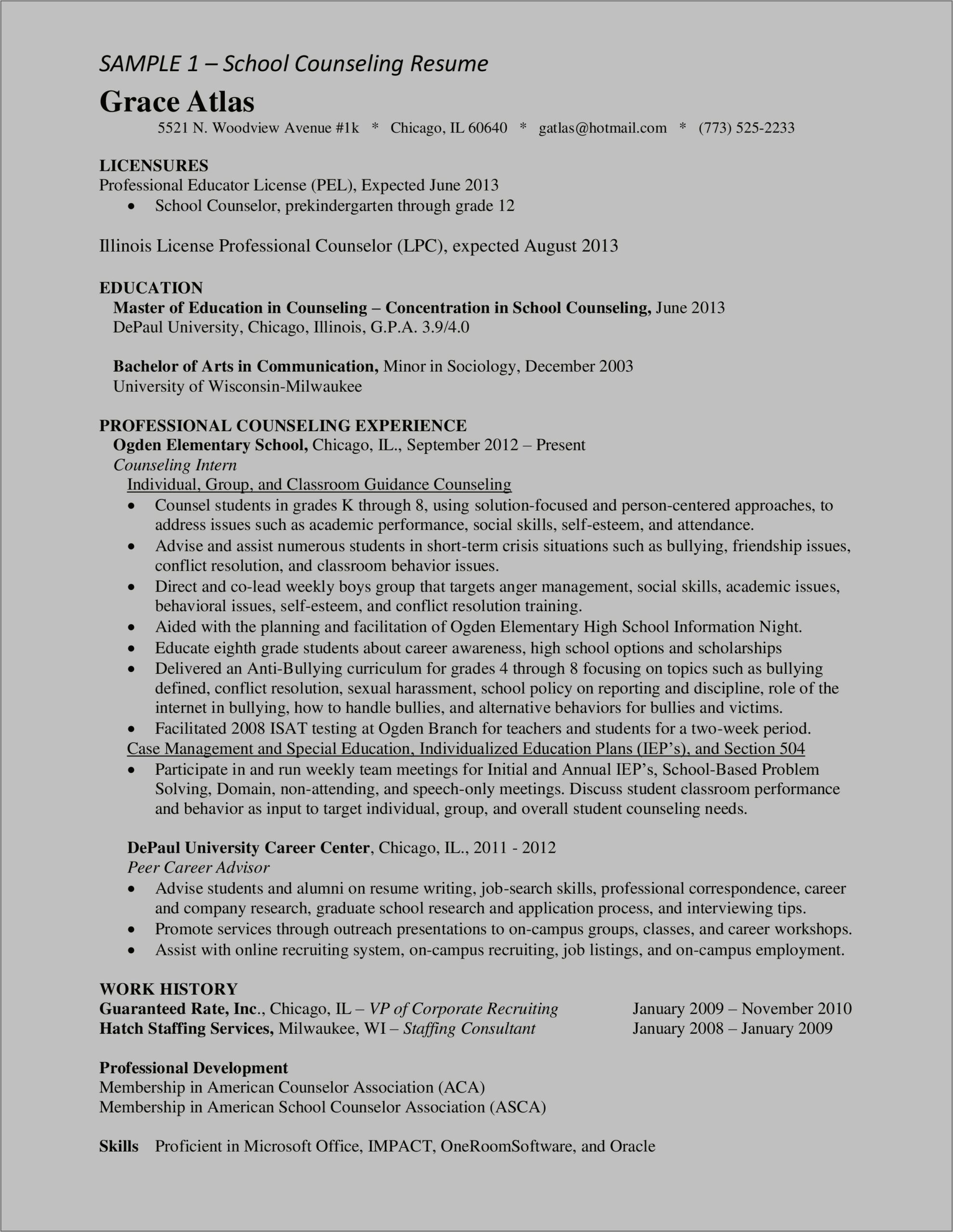 College School Counselor Resume Sample