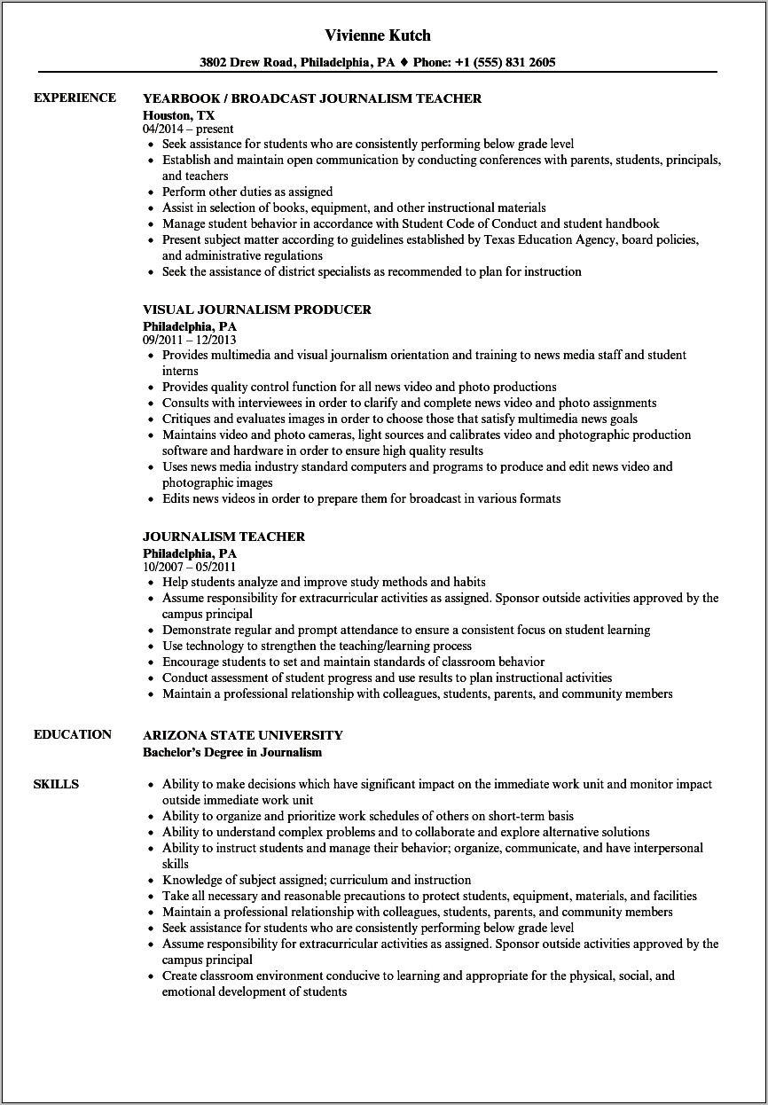 College Student Resume Objective Journalism