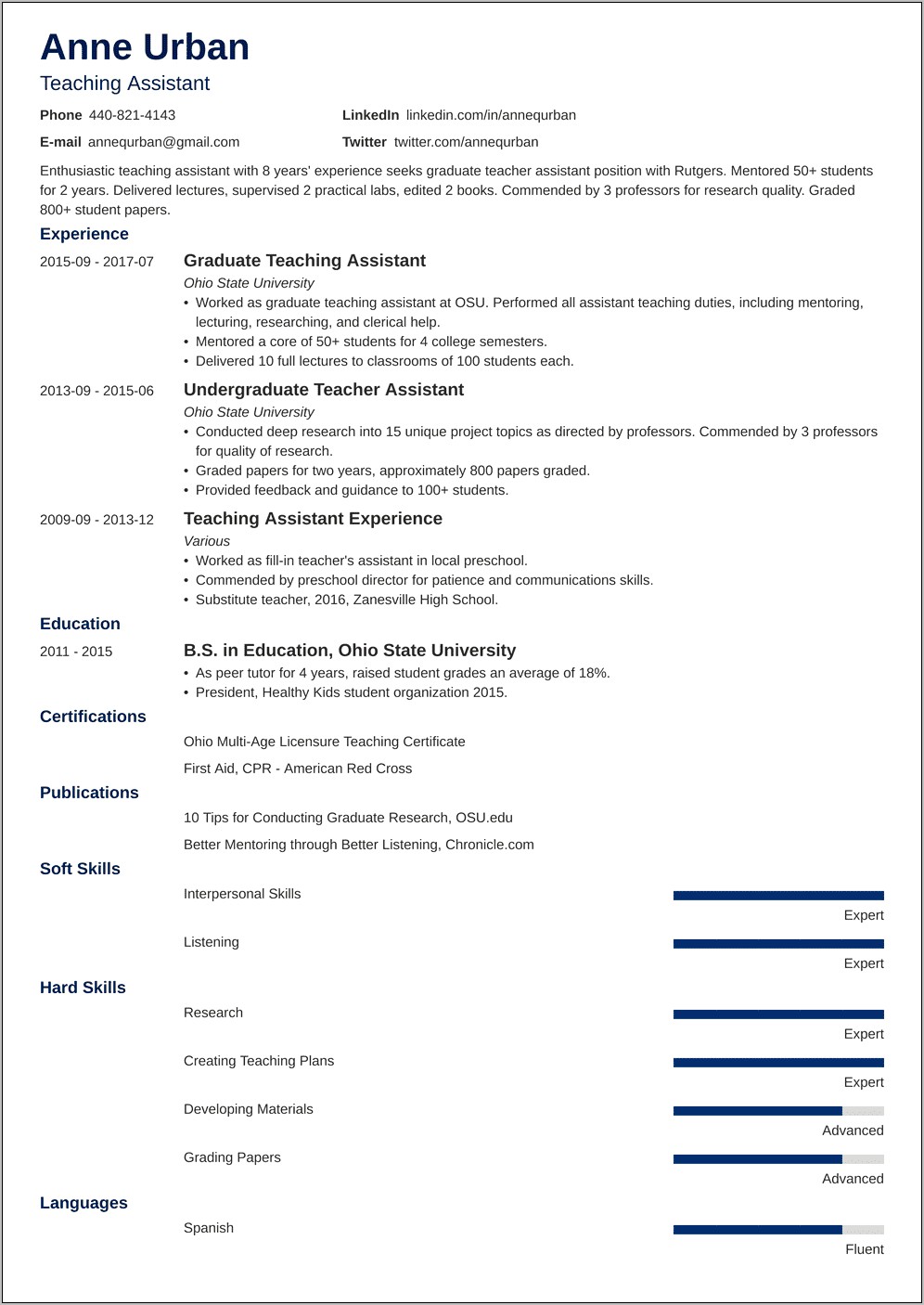 College Teaching Assistant Resume Sample