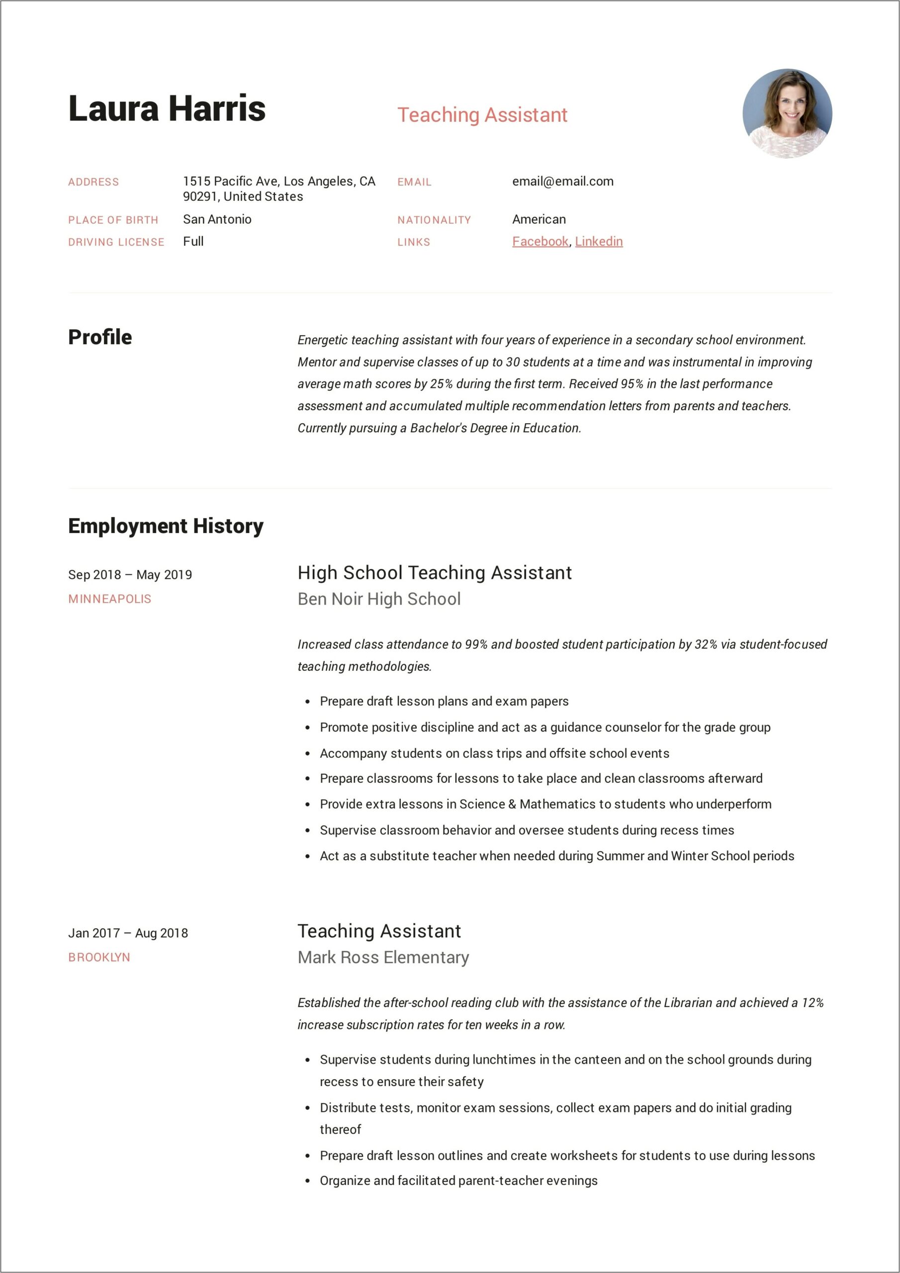 College Teaching Assistant Skills Resume