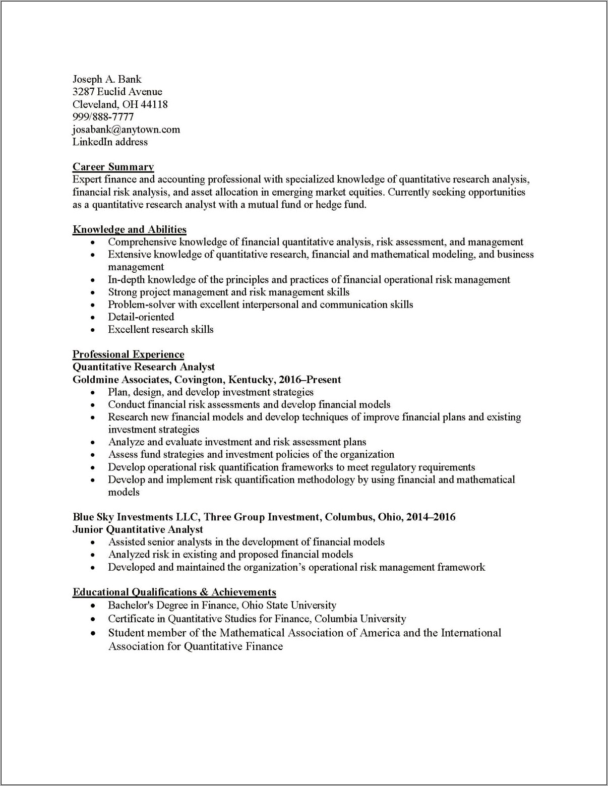 Columbia Business School Resume Example