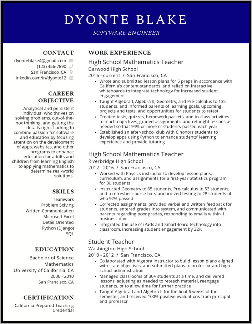 Combination Resume Sample For Teachers