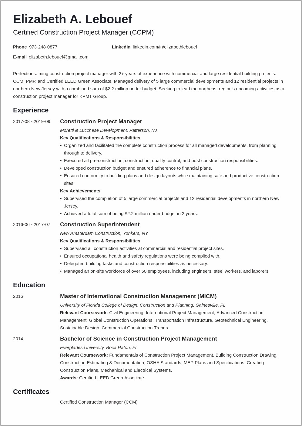 Commercial Project Manager Resume Sample