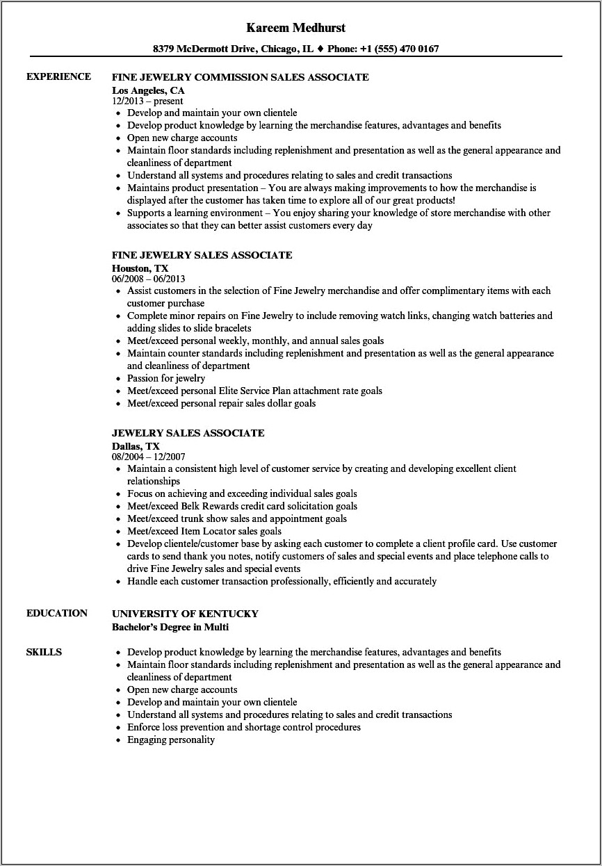 Commission Sales Associate Resume Sample