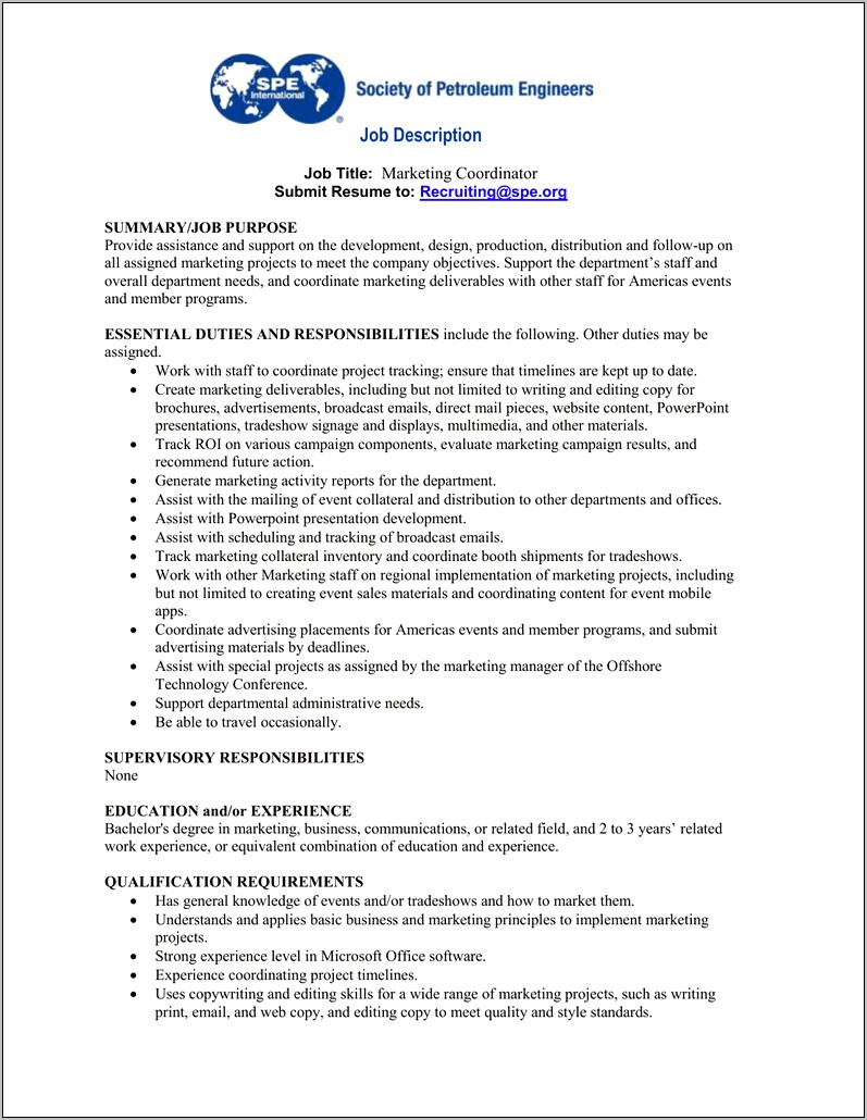 Communications Coordinator Job Description Resume