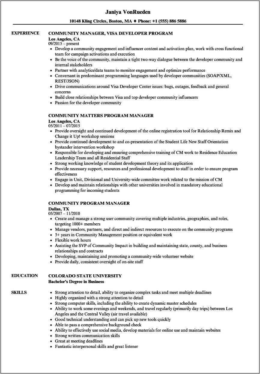 Community Business Coordinator Resume Examples