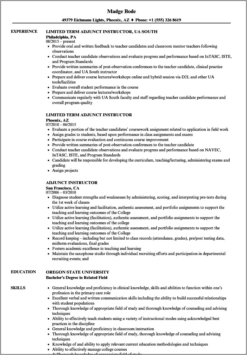 Community College Instructor Resume Sample