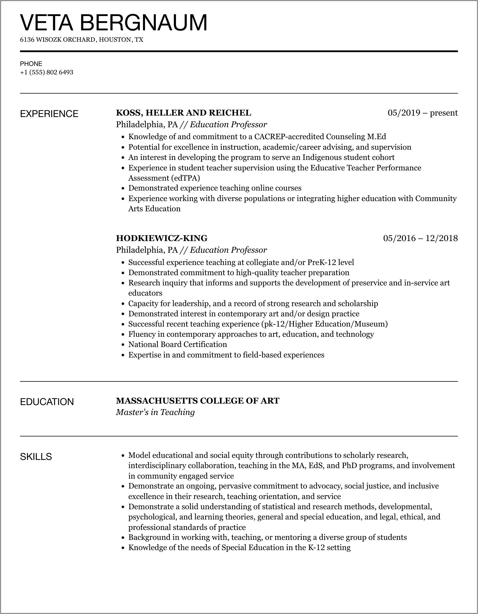 Community College Teacher Resume Sample