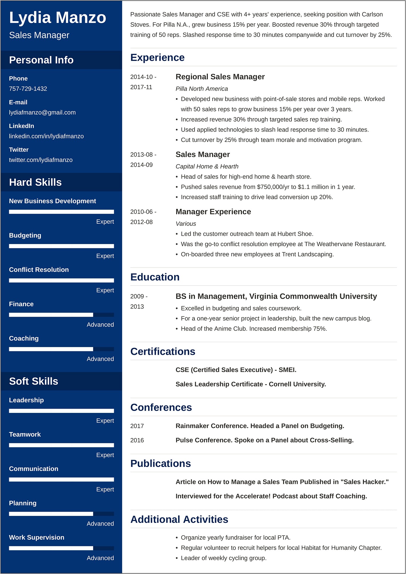 Community Outreach Manager Resume Sample