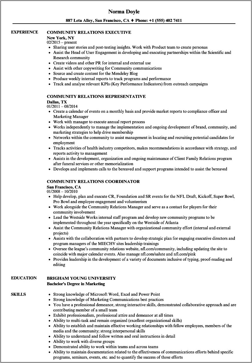 Community Relations Director Sample Resume