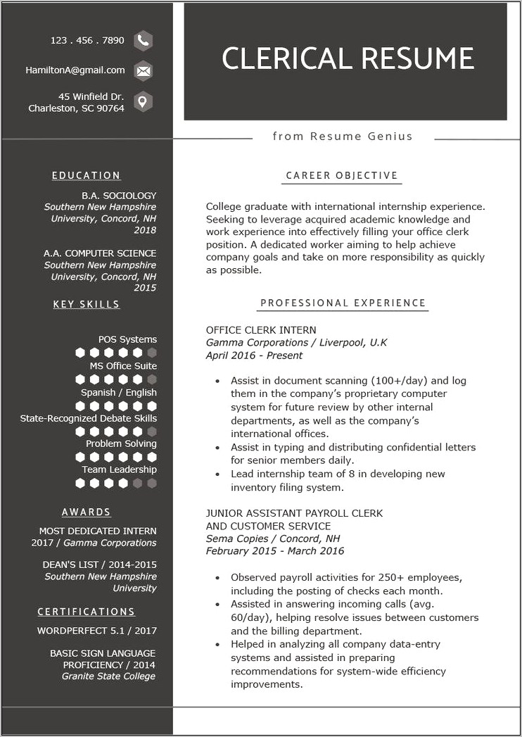 Computer Clerical Resume Objective Ecamples