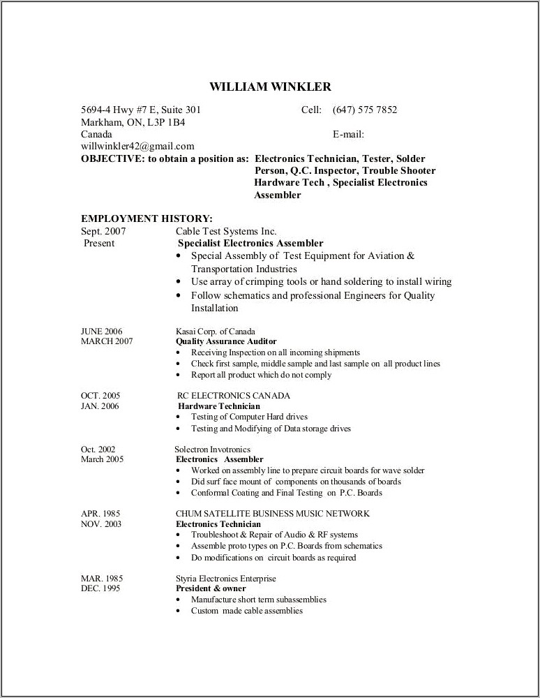 Computer Hardware Assembly Sample Resume