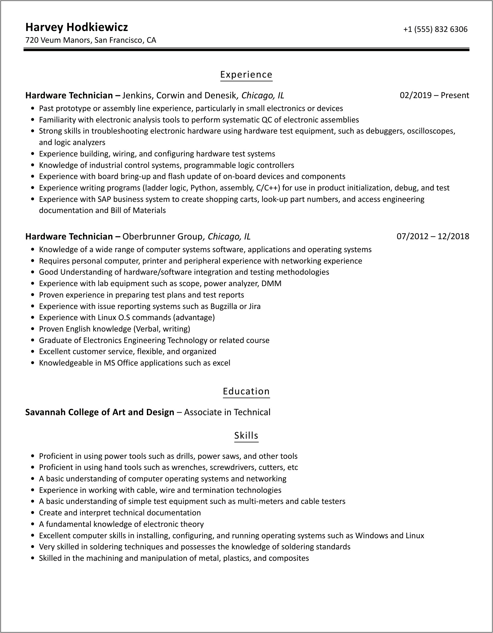 Computer Hardware Technician Resume Example