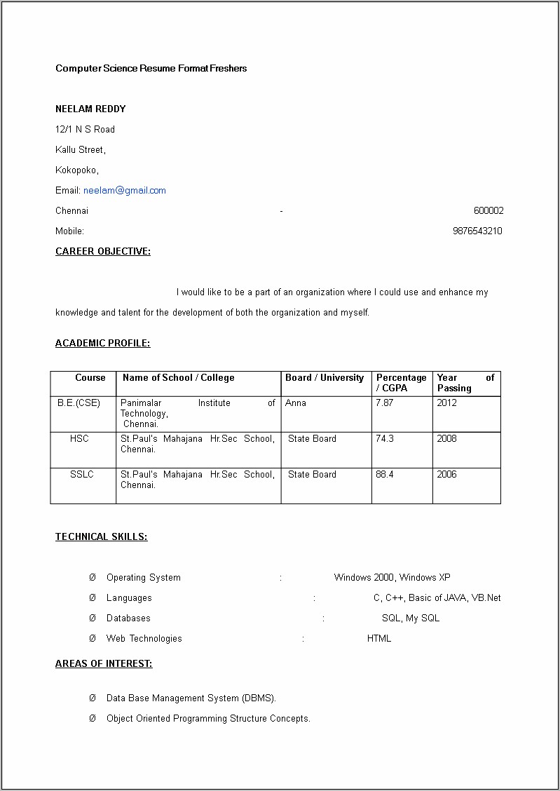 Computer Science Engineering Resume Example