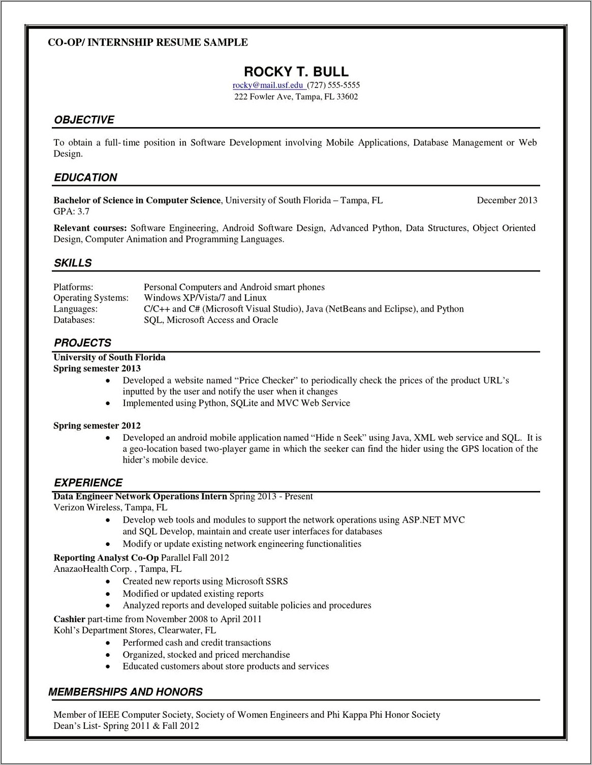 Computer Science Internship Objective Resume