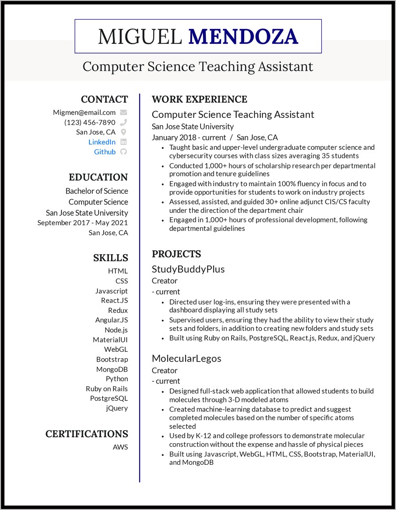 Computer Science Resume Example Ta