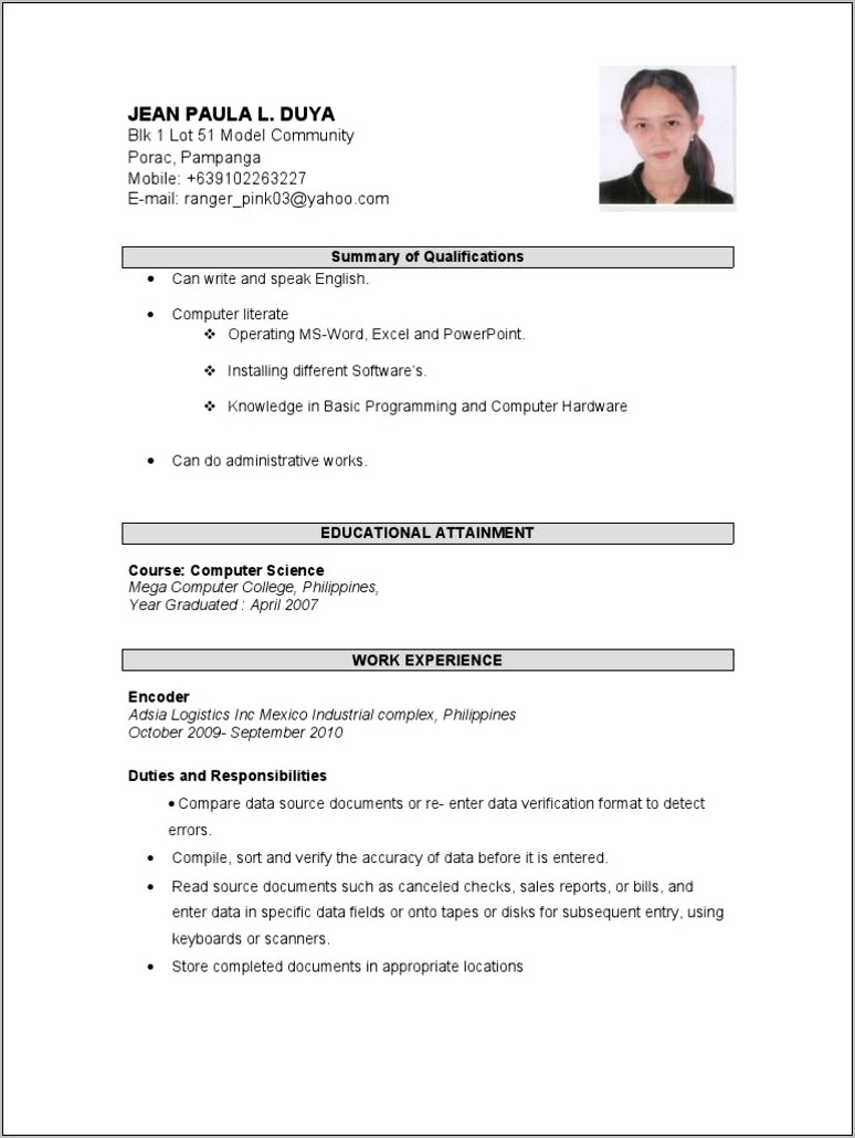 Computer Science Resume Sample Philippines