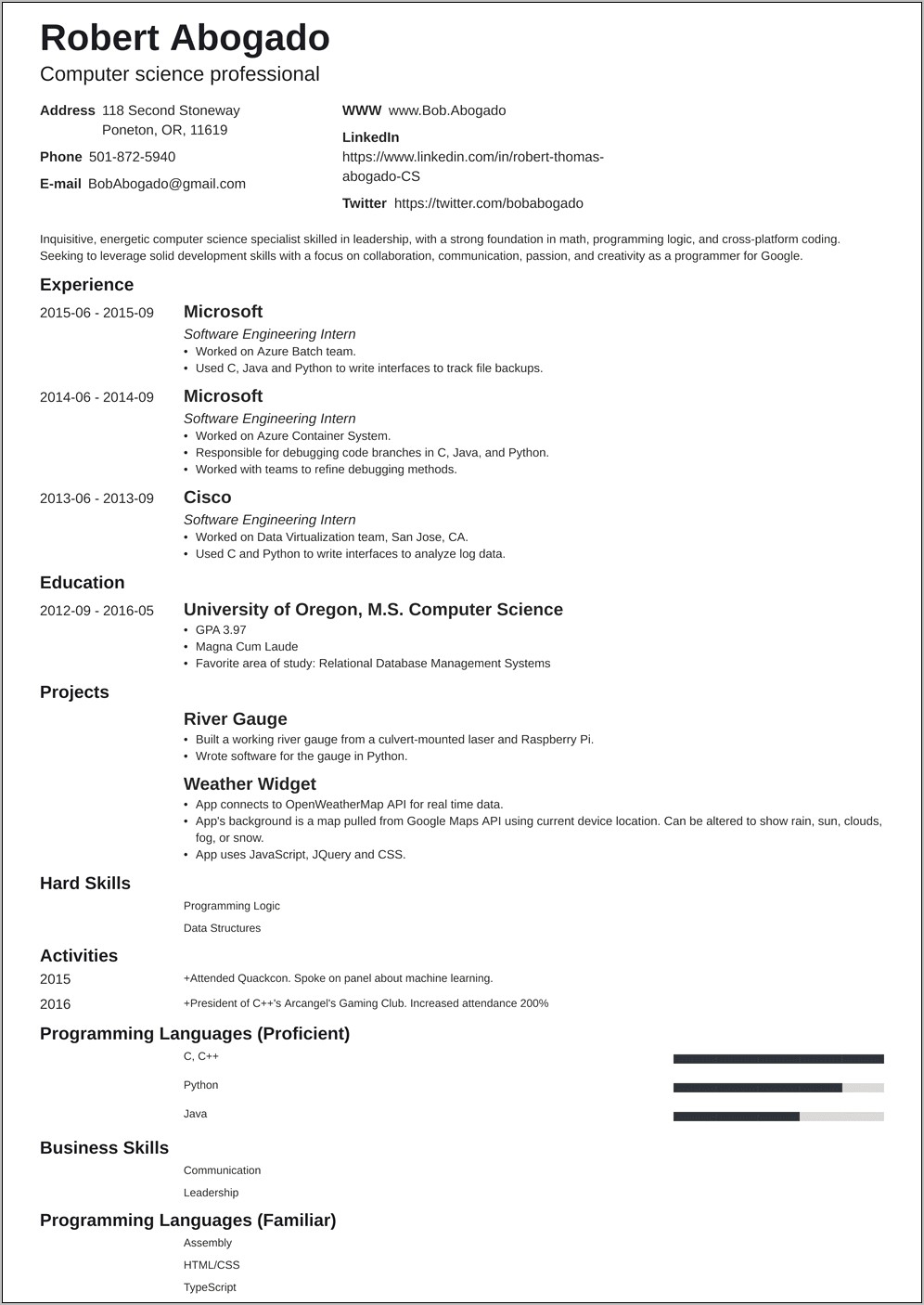 Computer Science Student Resume Skills