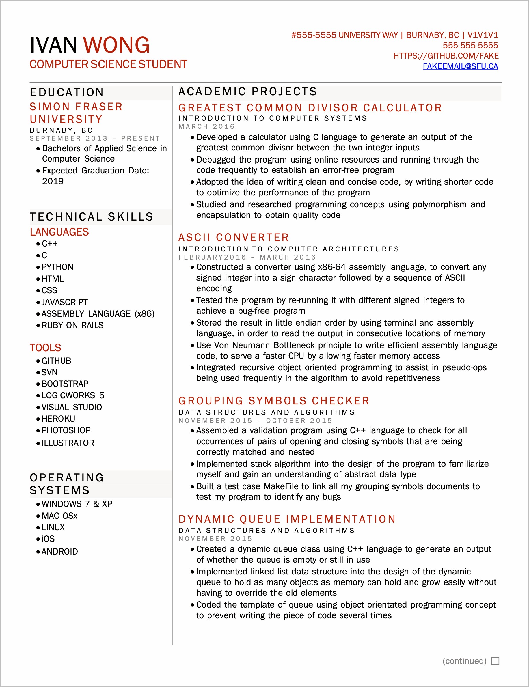 Computer Science Student Skills Resume