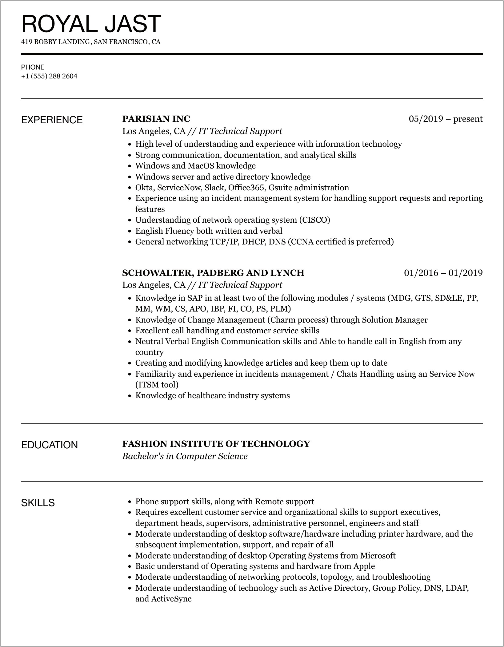 Computer Tech Support Resume Example