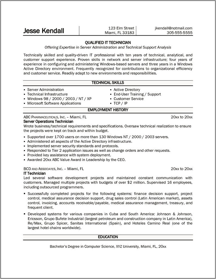 Computer Technician Objective For Resume