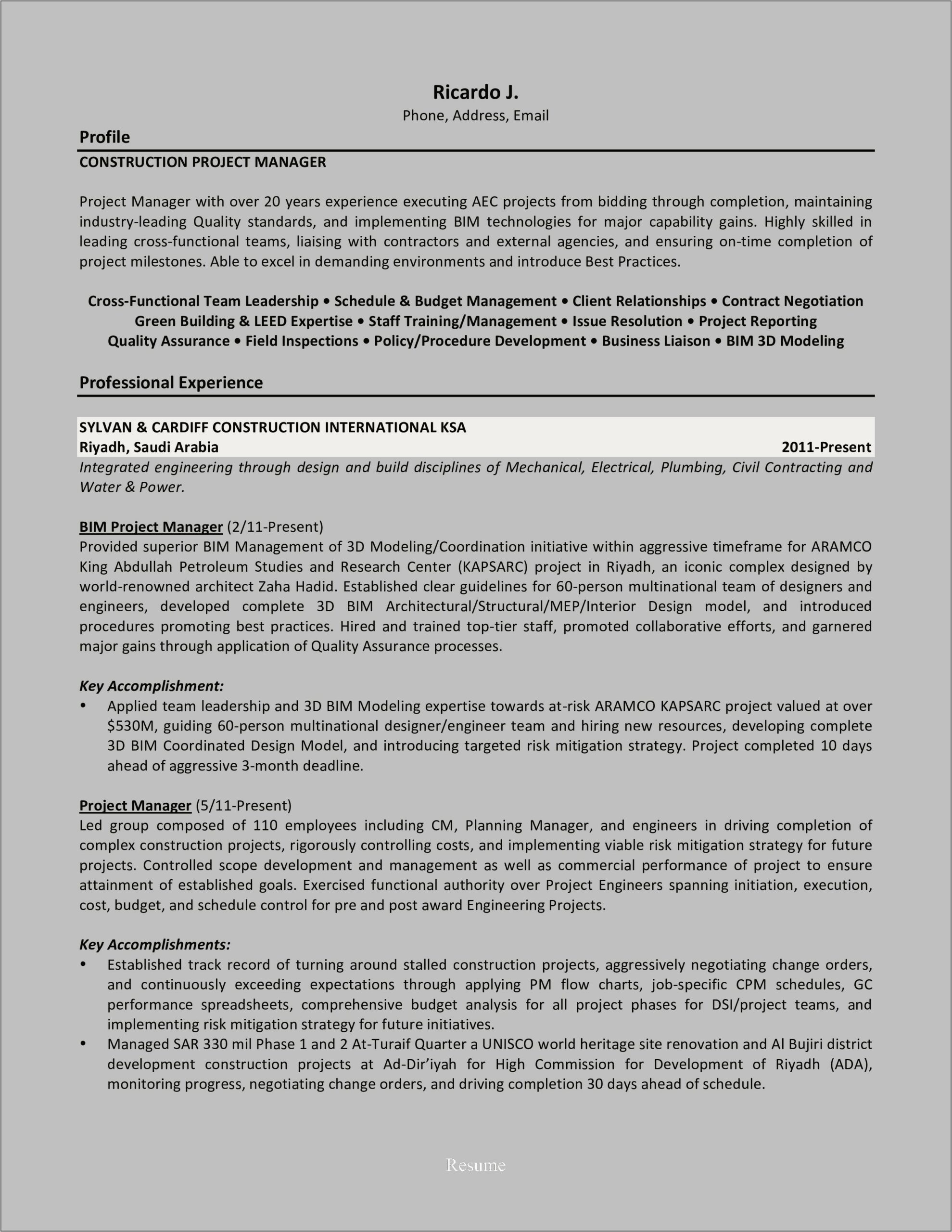 Construction Business Owner Resume Sample