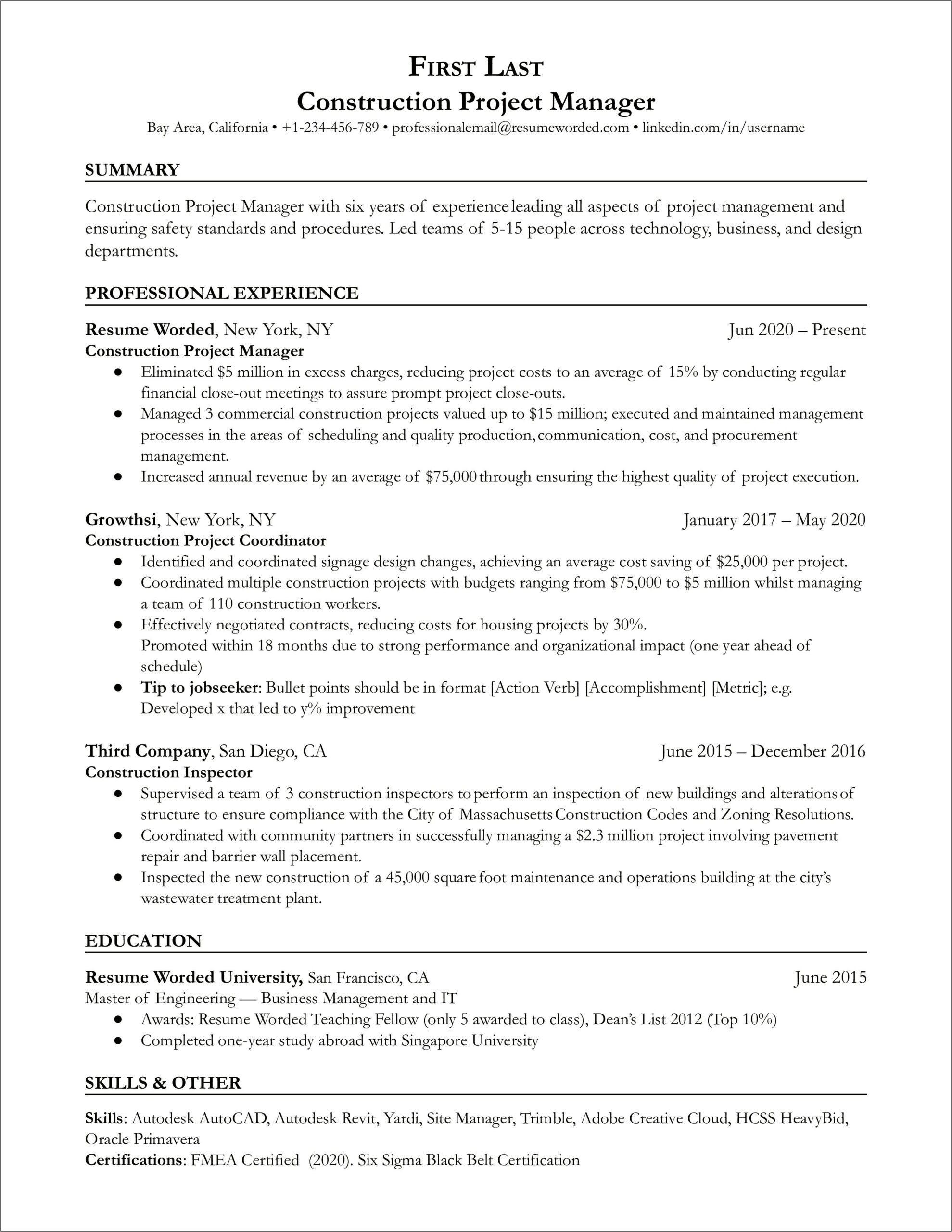 Construction Business Owner Resume Samples