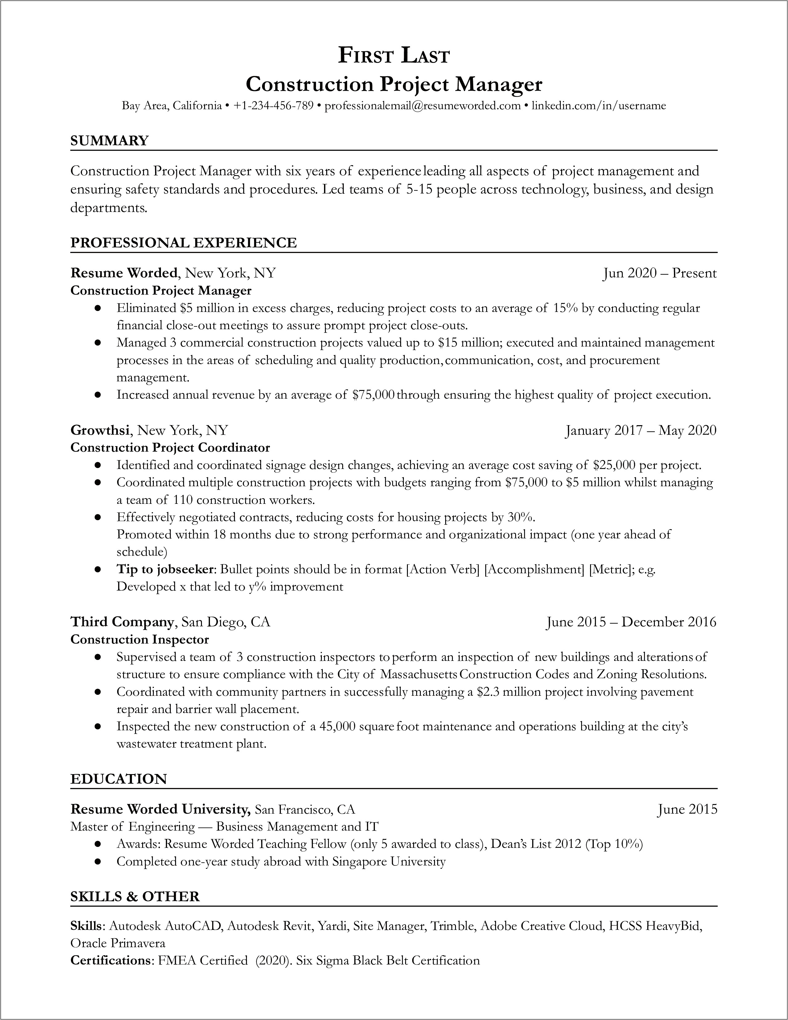 Construction Business Owner Resume Samples