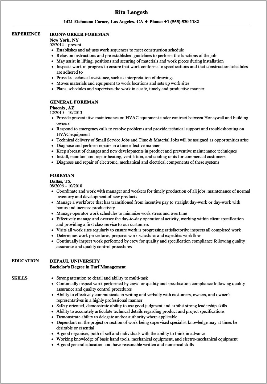 Construction Foreman Resume Template Free
