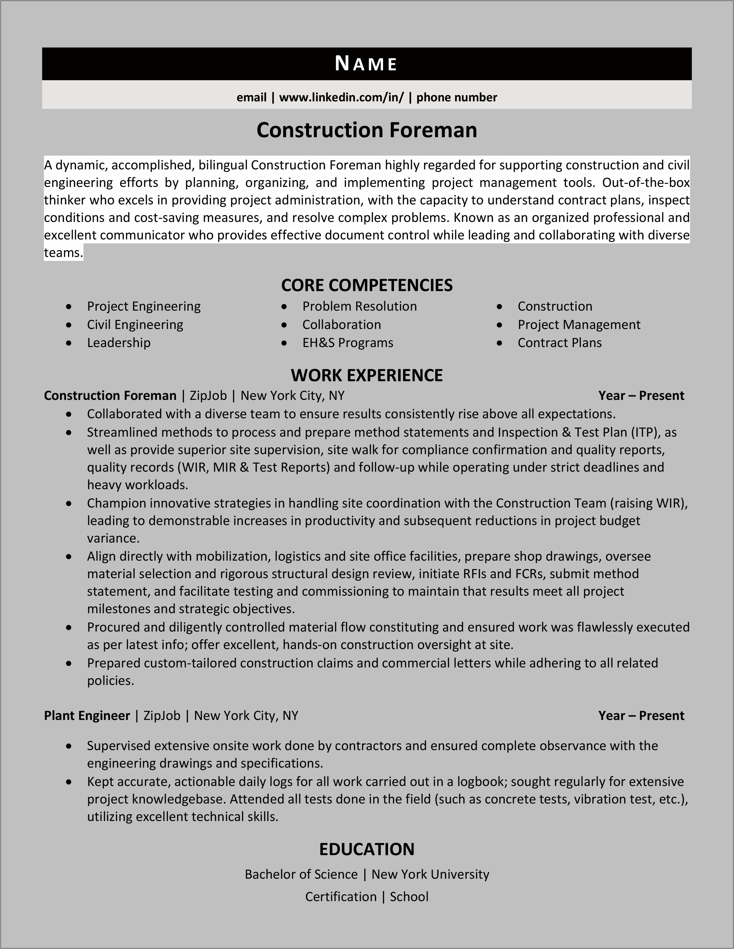 Construction Job Skills List Resume