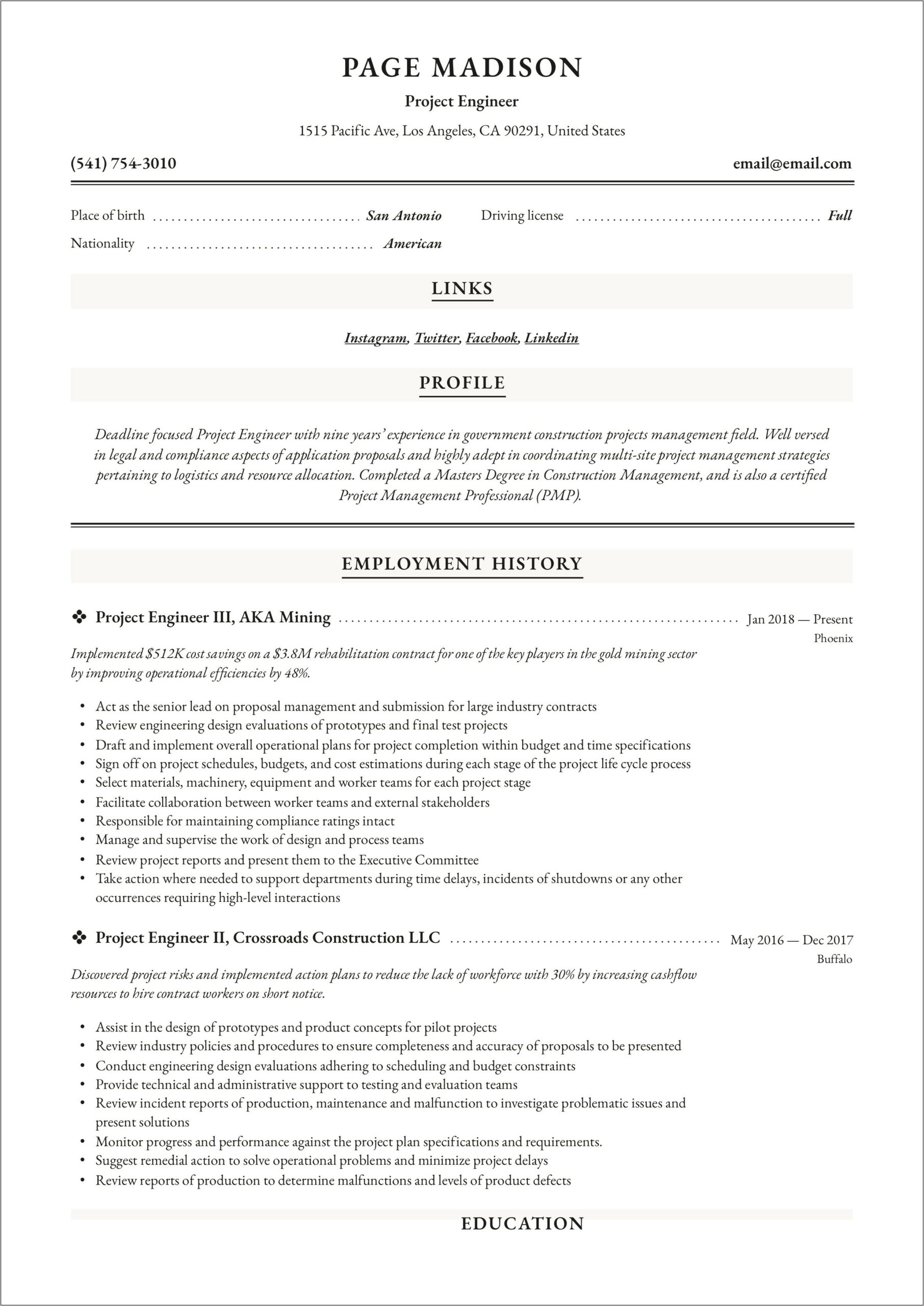 Construction Management Project Engineer Resume