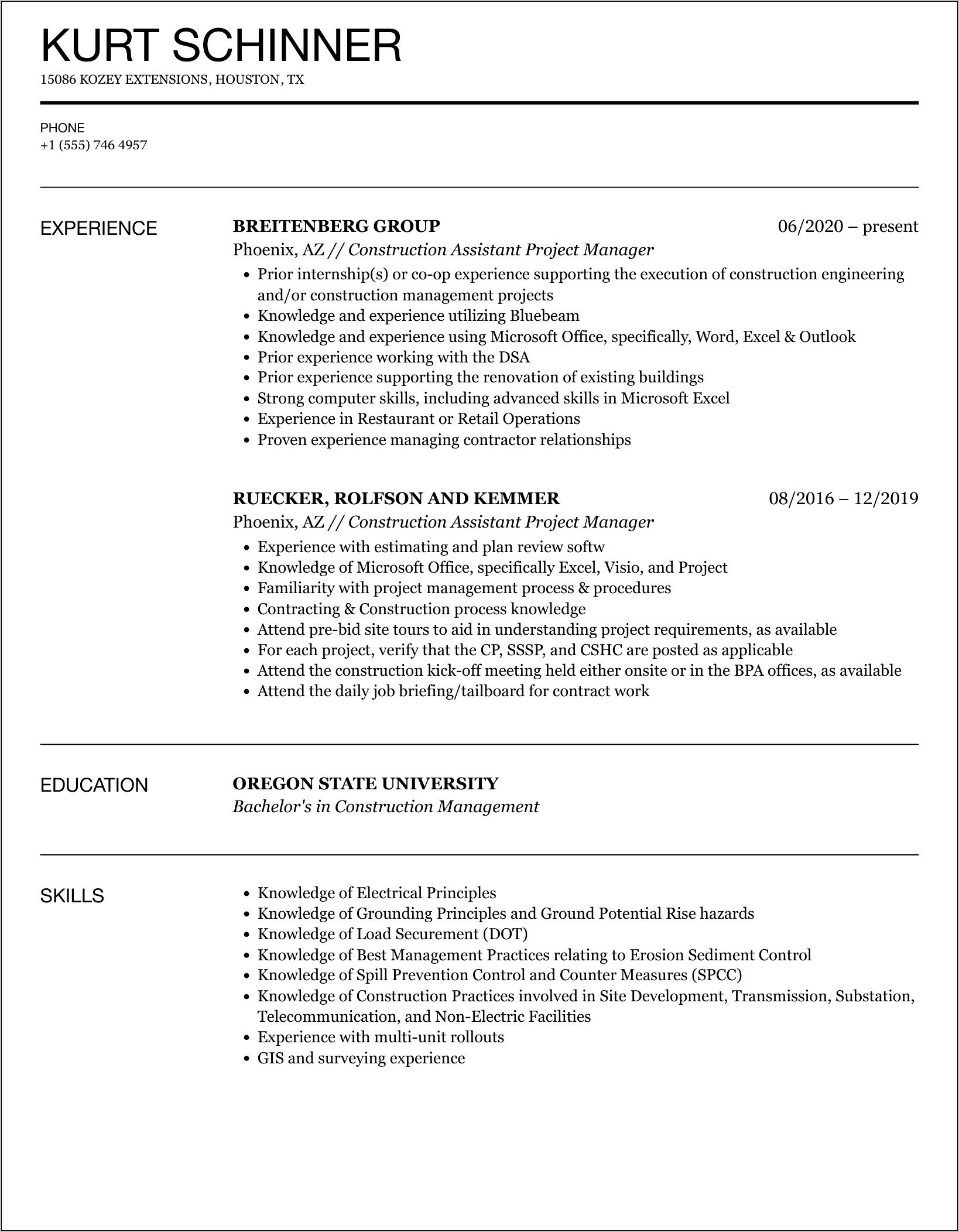 Construction Manager Job Description Resume