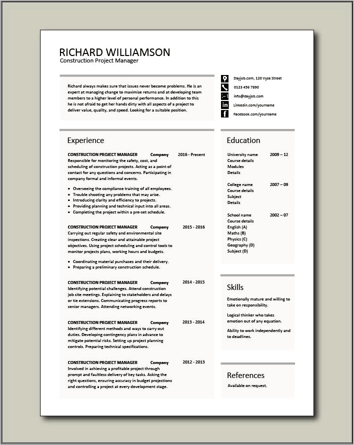 Construction Manager Resume Sample Pdf