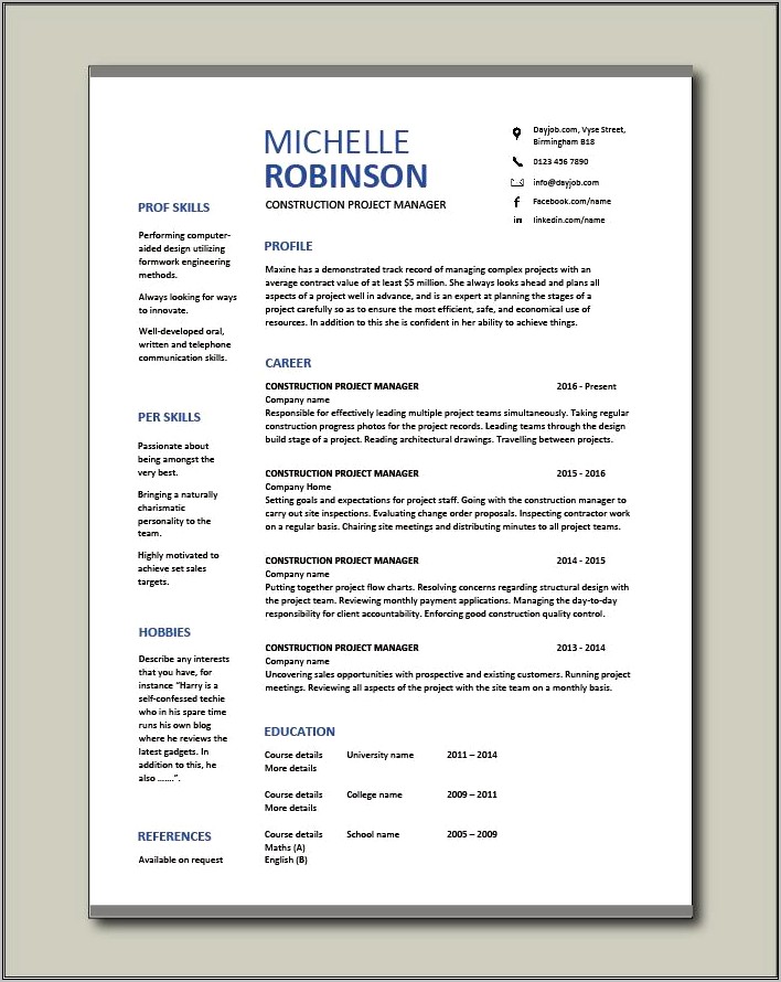 Construction Operations Manager Resume Template