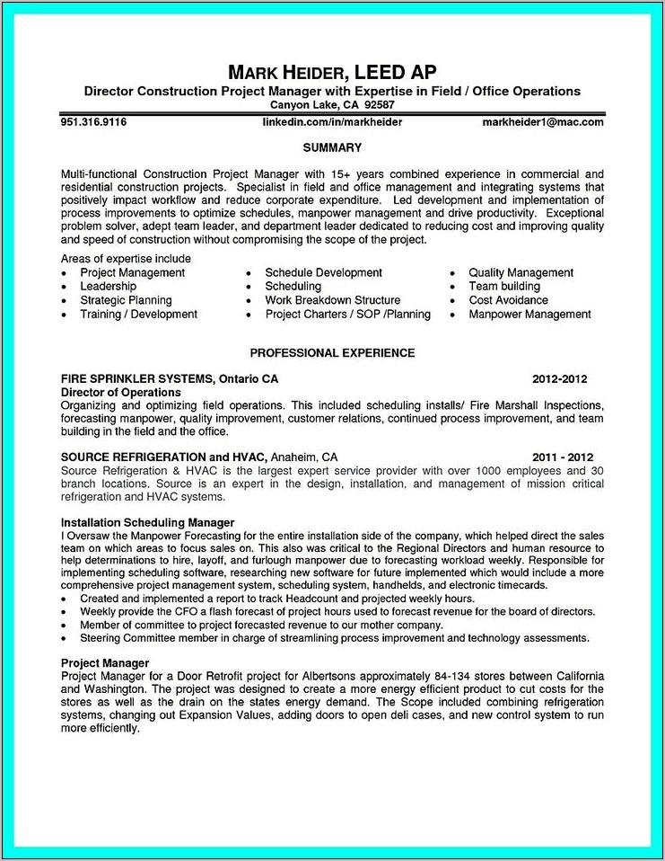 Construction Project Management Intern Resume