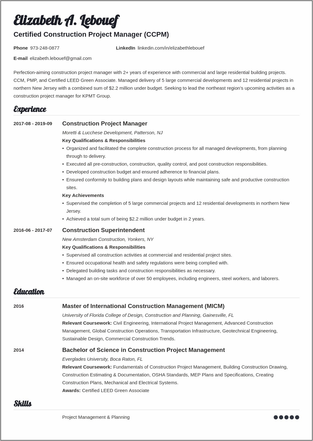 Construction Project Management Resume Bullets