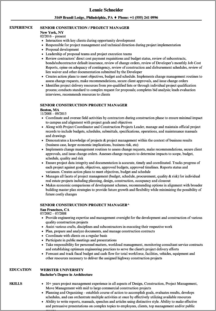 Construction Project Management Resume Objective