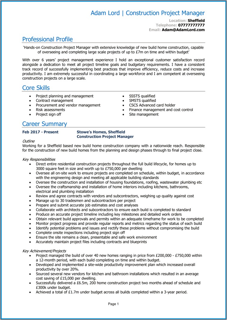 Construction Project Manager Resume Monster