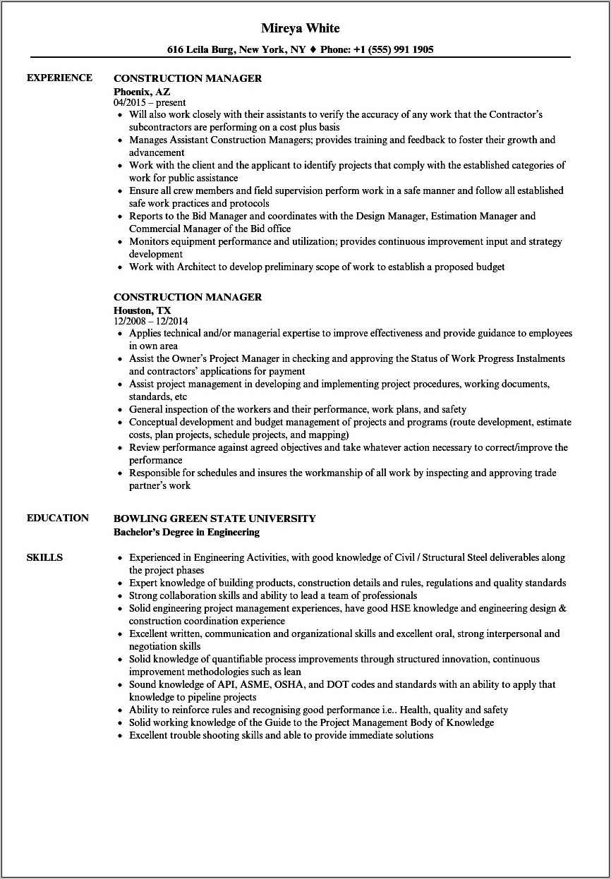 Construction Site Manager Resume Sample