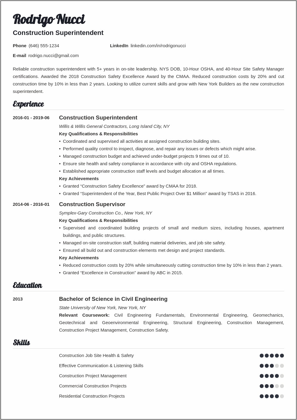 Construction Superintendent Resume Template Free