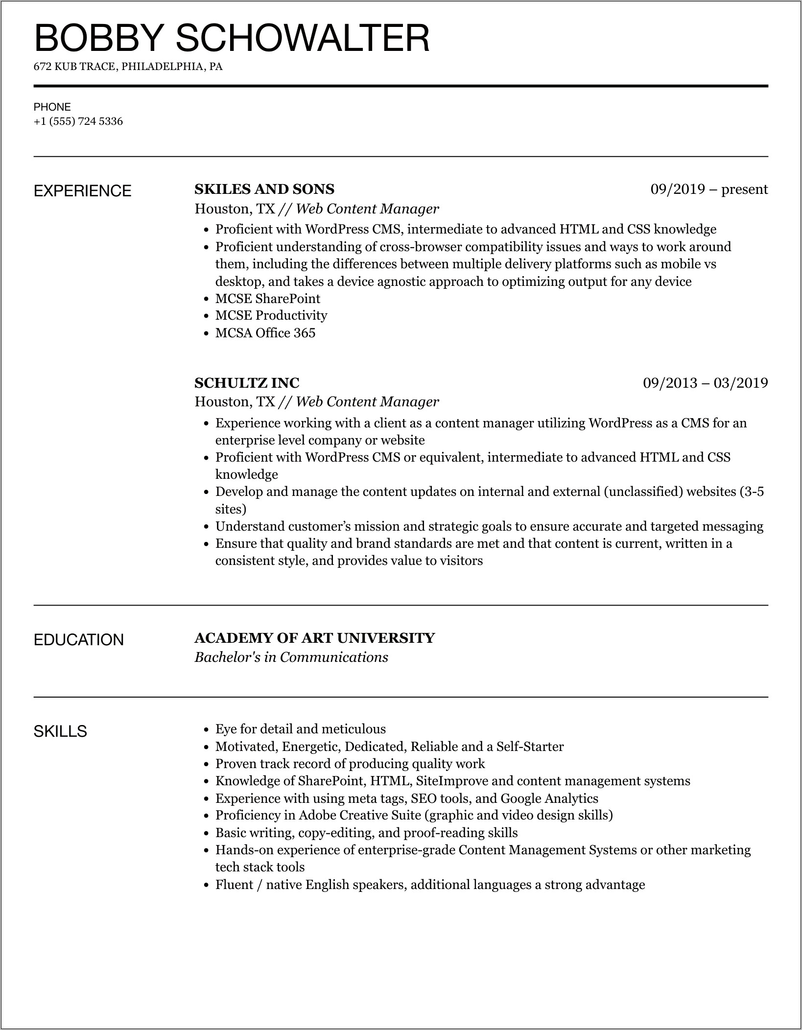 Content Management System Experience Resume