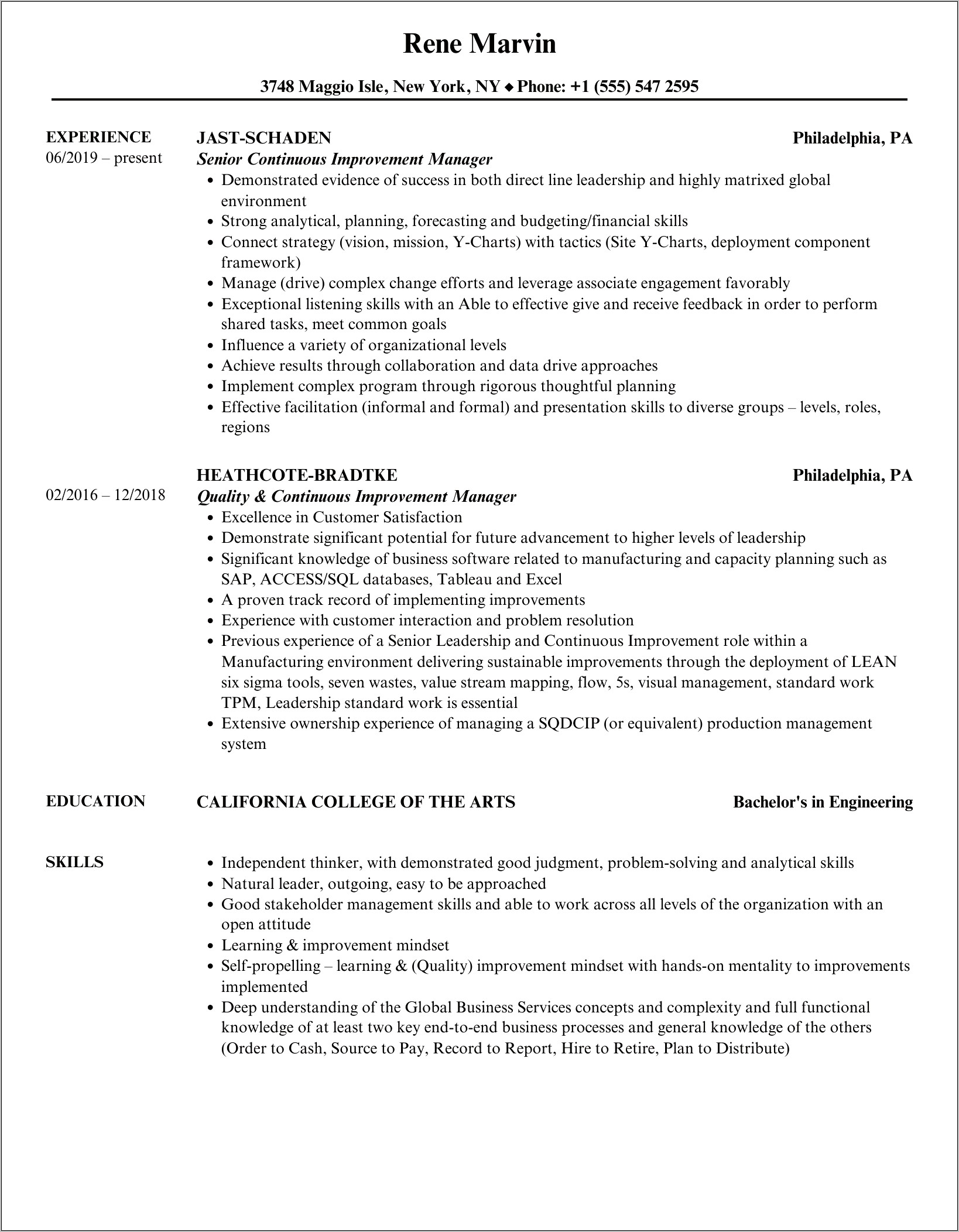 Continuous Improvement Manager Resume Summary