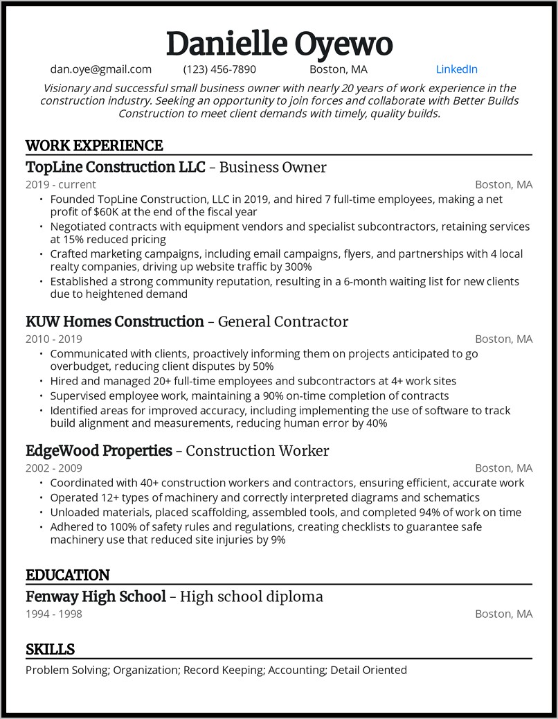 Contractor Work Experience Resume Example