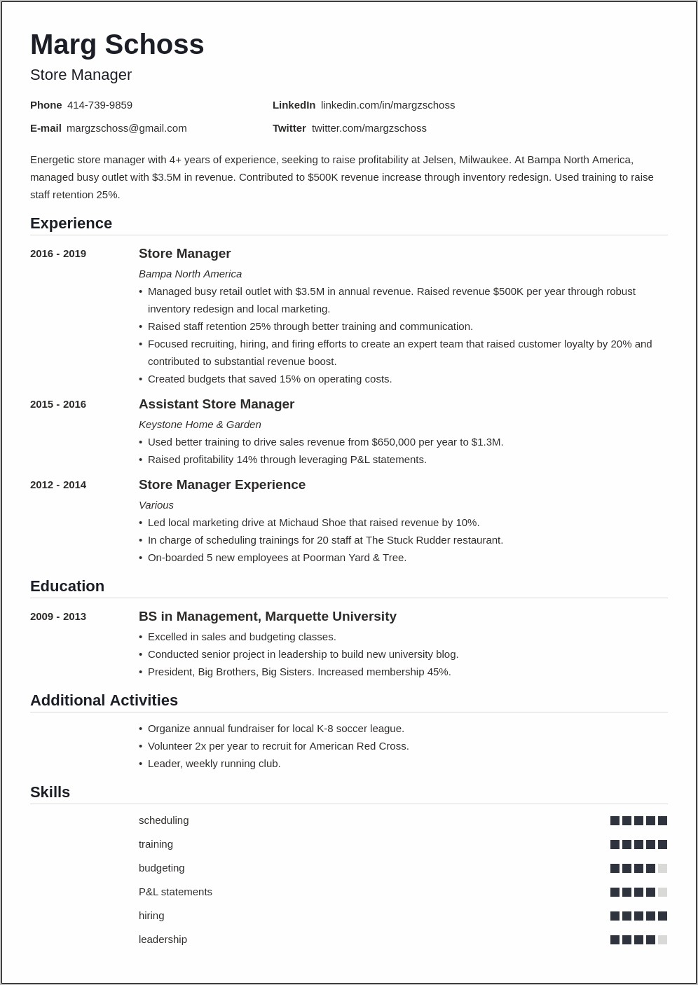 Convenience Store Manager Sample Resume