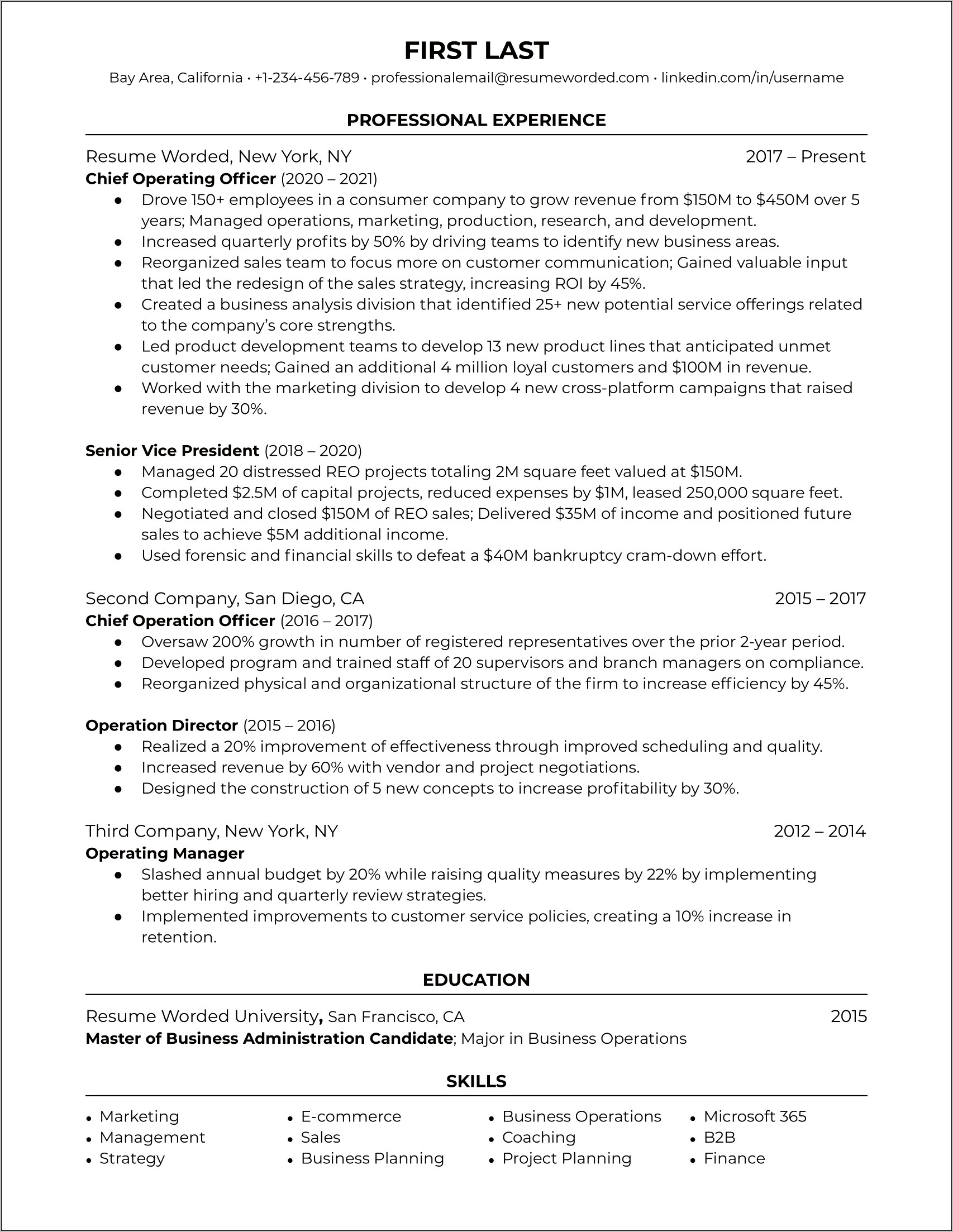 Coo Financial Skills For Resume